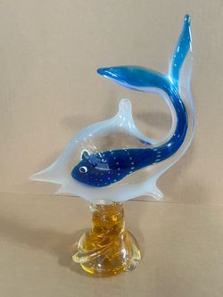 Vintage Murano Style Art Glass Dolphin Figurine Bubbles Amber Wave Base