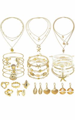 RIOSO 33 pcs Beach Seashell Jewelry Set for Women Starfish Earrings Rings Boho Layer Charm Necklace Bracelets for Summer Vacation Ocean Mermaid Jewelr