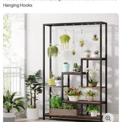 70.9" Plant Stand, Large Flower Bonsai Shelf With 6 S Hanging Hooks