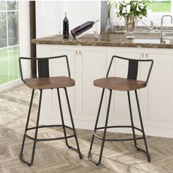 30" Swivel Barstools with Backs Metal Bar Stools Set of 4 Industrial Bar Height Stools with Wooden Seat Matte Black