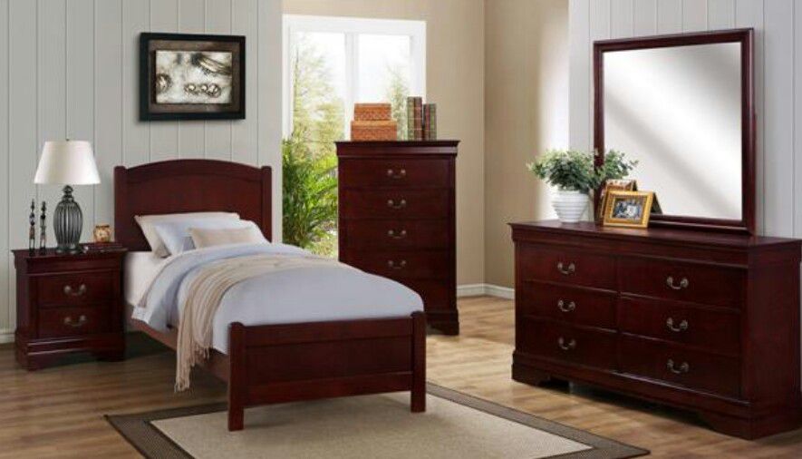 Brand new cherry or white twin bed frame + dresser + mirror + nightstand