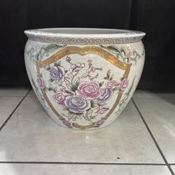 Vintage Koi Planter Porcelain Gold Frame Rose Vase 11”H 14” in diameter 