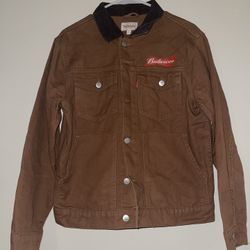Budweiser Men's Brown Denim Trucker Jacket Corduroy Collar King Of Beers 
