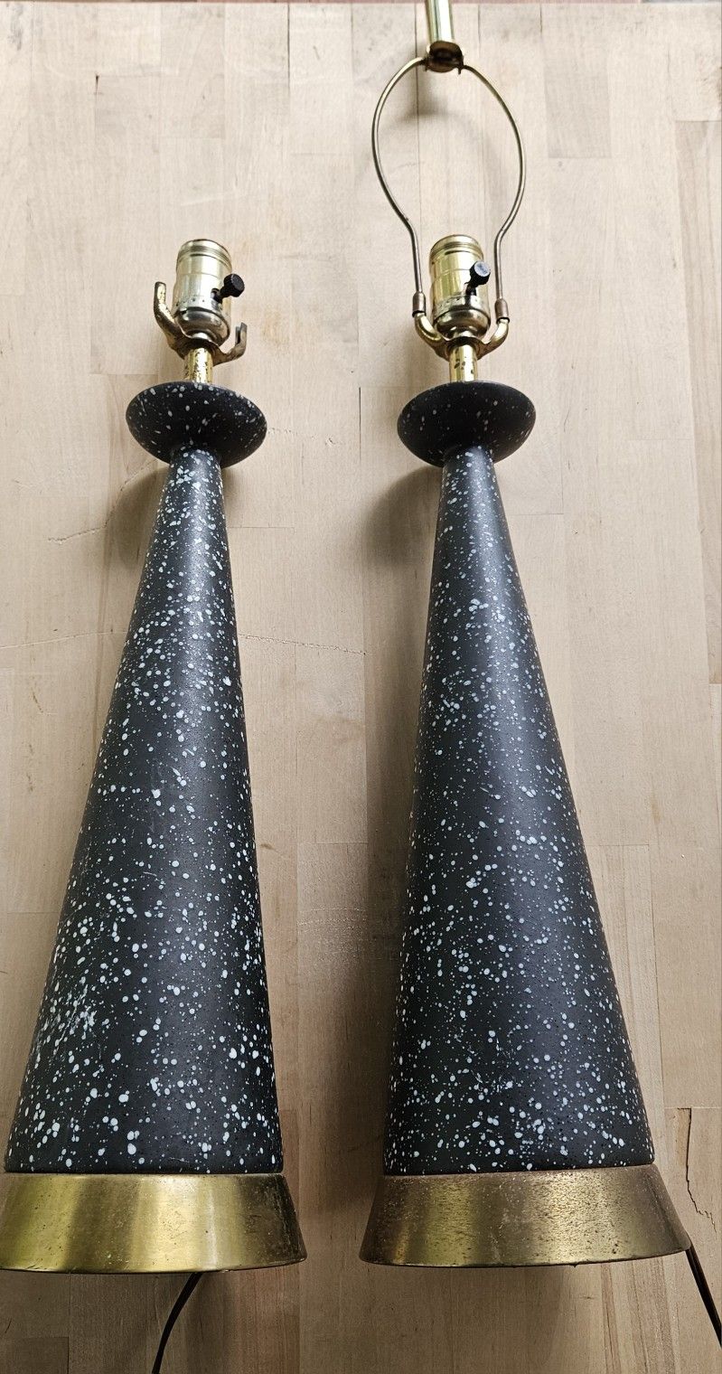 Pair of vintage mid-century modern black and gold ceramic table lamps with a speckled finish & a cone-shaped base