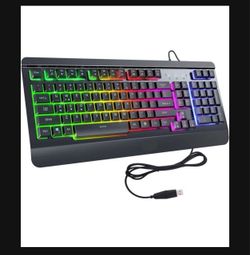 Gaming Keyboard, USB Wired Keyboard with Metal Panel Rainbow Backlight, LED Illuminated Keyboard with Ergonomic Wrist Rest, Shortcuts, 19-Key Anti-Gho