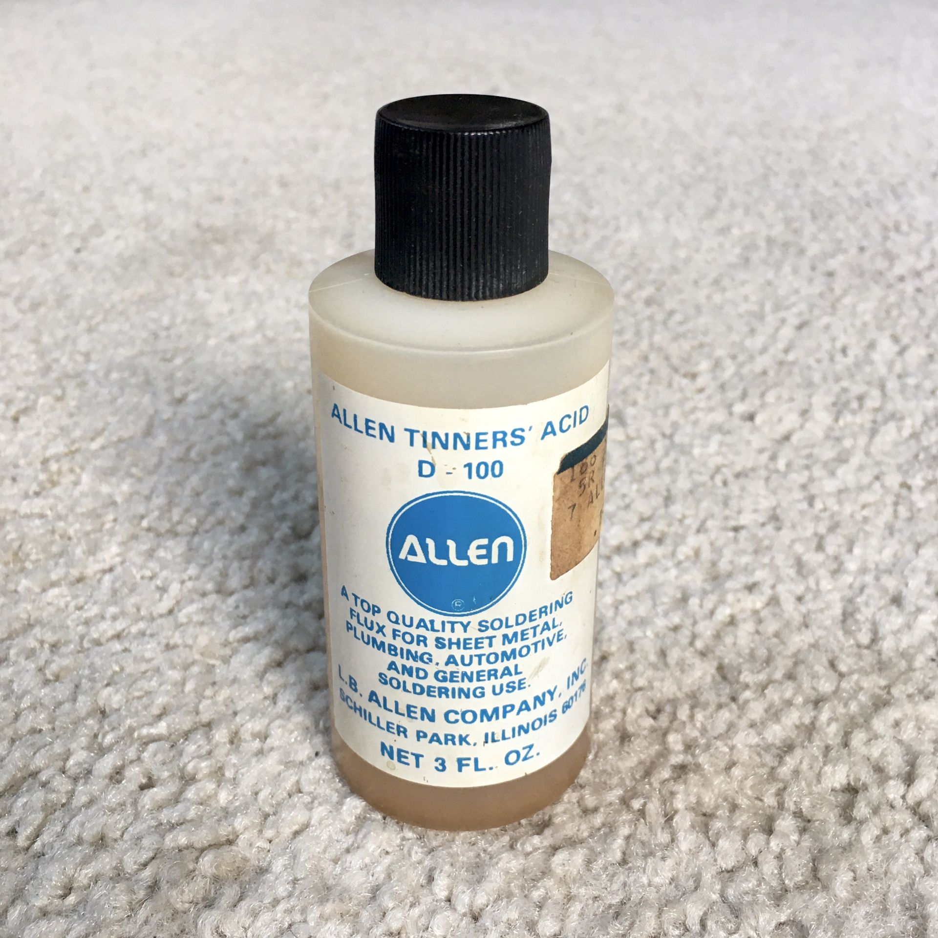 Vintage 1960s ALLEN TINNERS ACID D-100 FLUX Bottle w/ Contents - L.B. Allen Co.