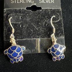 Sterling Silver Blue Sea Turtle Earrings – 925 Cloisonné – Coastal Style