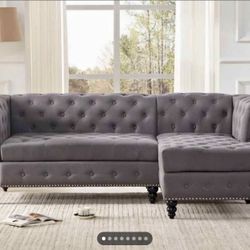 New Chesterfield Sofa with Rolled Arms, Classic Button Tufted L Shaped Couch with Nailhead Trim