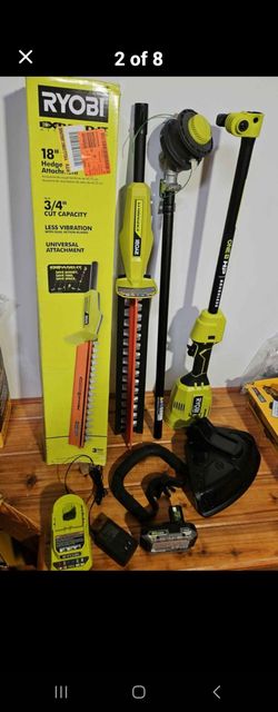 Ryobi 18V 'HP' power unit+wacker attachment+hedge trimmer attachment, battery, charger