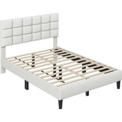 Upholstered Bed Frame, Modern Platform Bed Frame with Square Tufted Headboard, Strong Wooden Slats Support Height Adjustable