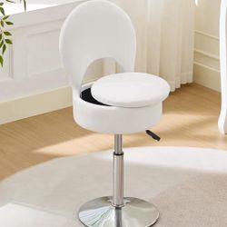 Small Vanity Chair Vanity Stool - 13" Dx13 W Folding Back, Storage Ottoman, Velvet White, Height Adjustable