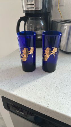 Vintage Culver Highball Glasses: Cobalt Blue, 22k Gold Angels, Set of 2