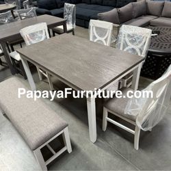 New! Must-See! 6pcs Dining Set, Table And Chairs, Bench, Dinette Set, Dining Room Set, Table, Chairs, Kitchen Table, Dinette Set, White Wooden Table D