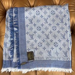 NEW LOUIS VUITTON  Monogram Denim Shawl Wool Silk Blue Metal