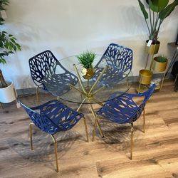 Navy Blue Gold Glass Dining Set 