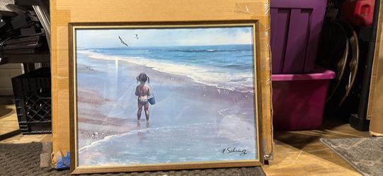 RARE VINTAGE ADOLF SEHRING FRAMED ART PRINT LITTLE GIRL ON THE BEACH (certificate of authenticity)