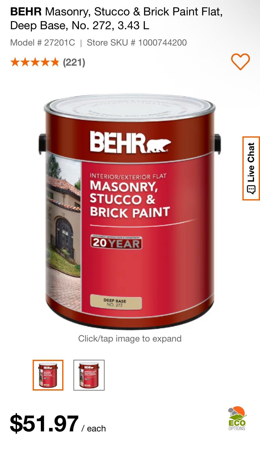 BEHR Masonry, Stucco & Brick Paint Flat, Deep Base, No. 272, 3.43 L