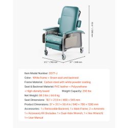 Geri Chair Recliner, 4-Position Reclining Geri Chair, Trendelenburg Medical Recliner Chair with 4 Wheels, Soft Padded Seat & 2 Trays for Hospital, Nur