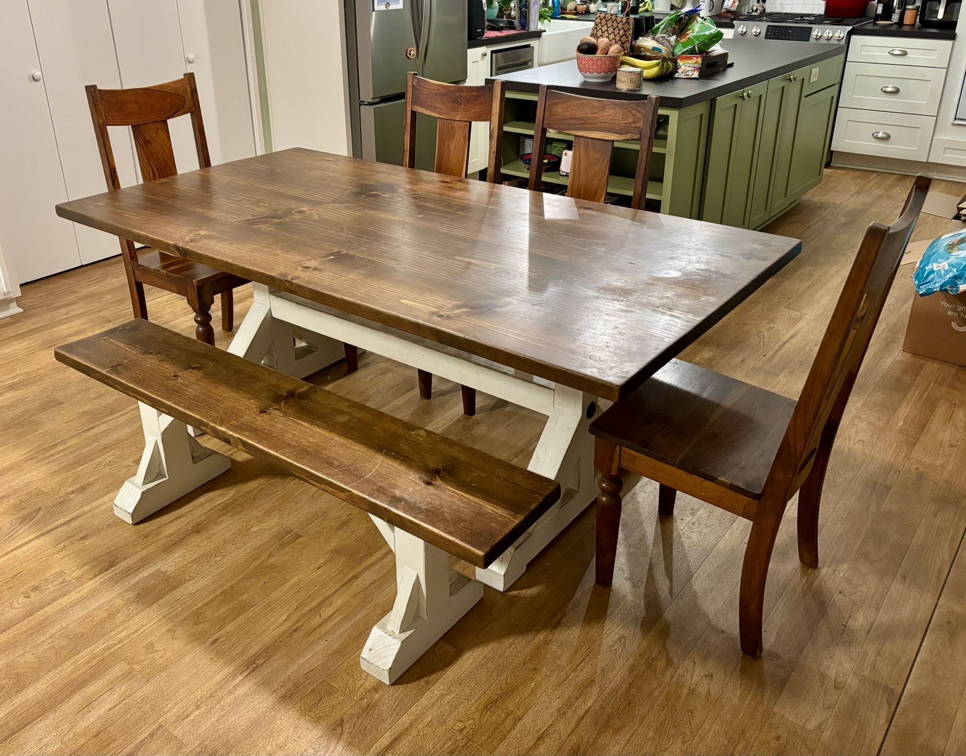 Gorgeous Hardwood Dining Room Set With 4 World Market Chairs And Bench