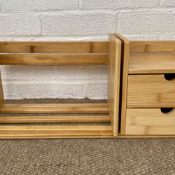 Natural Bamboo Tabletop Desk Organizer with Extendable Book Rack