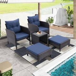 New 5 Pieces Outdoor Patio Furniture Wicker Conversation Set Lounge Chaise Armchair Set