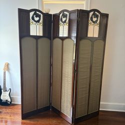 1900’s Solid Wood Stained Glass upholstered Folding Screen Room Divider