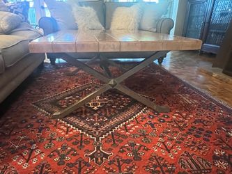WOOD PLANK TOP- 57” x 34”x 20 1/2” - X  BASE Distressed Cast Iron