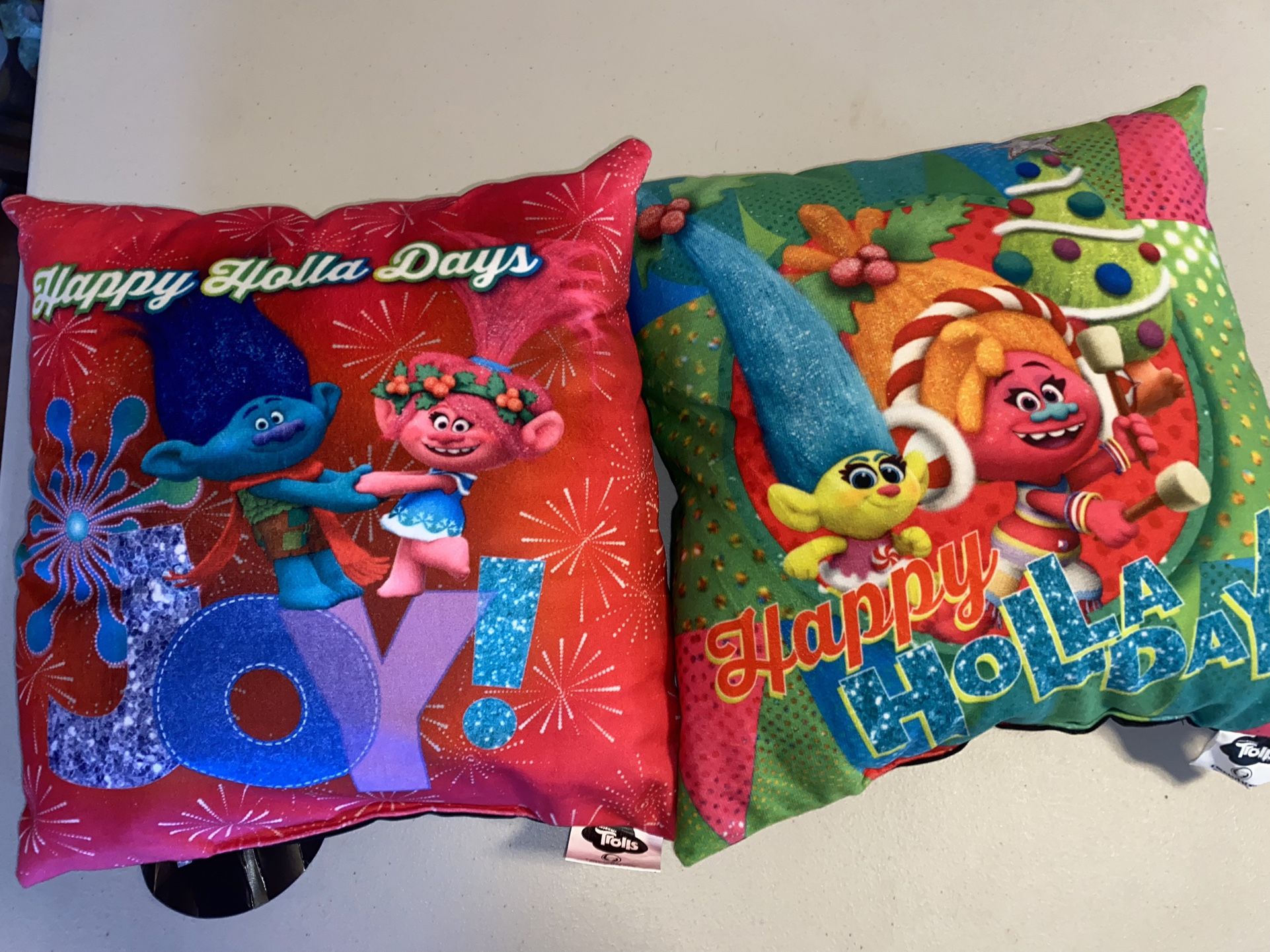 2 New DreamWorks Trolls 12” square pillow Christmas Joy, Happy holidays