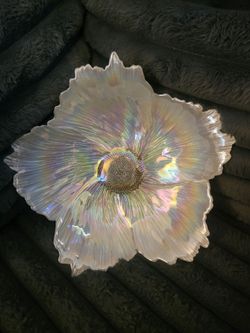 Akcam iridescent art glass flower-shaped decorative bowl with a radiant, pearlized finish with textured petal detailing 12" round