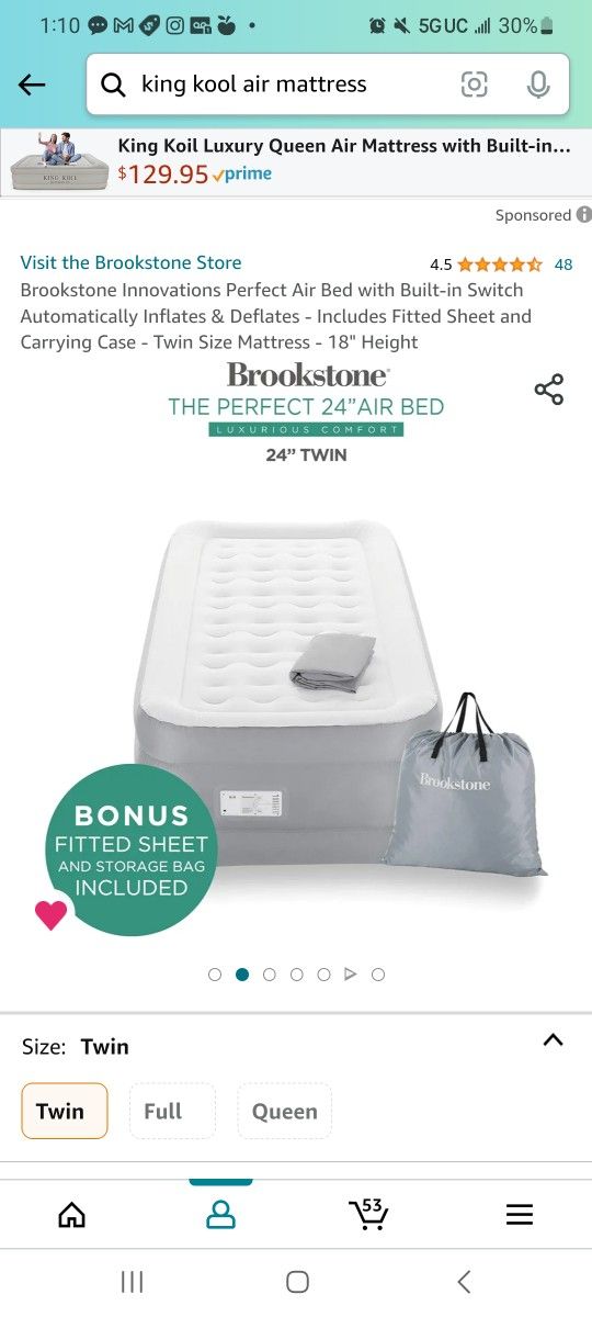 Brookstone Innovations Perfect Air Bed with Built-in Switch Automatically Inflates & Deflates - Includes Fitted Sheet and Carrying Case - Twin Size Ma