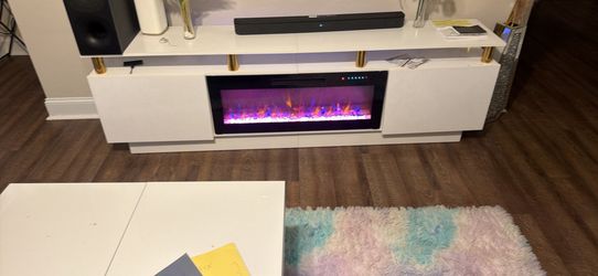 75 inch white and gold TV stand with digital fireplace