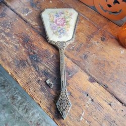 Antique Vanity Hand Mirror Needlepoint Floral