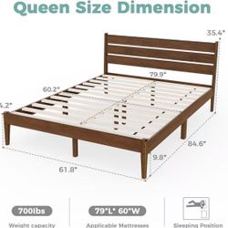M333-Queen Size Bed Frame, Malaysian Oak Bed Frame with Ladder Headboard, Solid Wood Bed Frames with Elevated Bed Legs, No Box Spring Needed, Noise-Fr