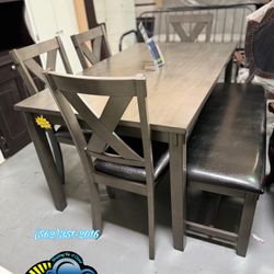 Grey Kitchen Dining Table Comedor With Chairs & Bench 