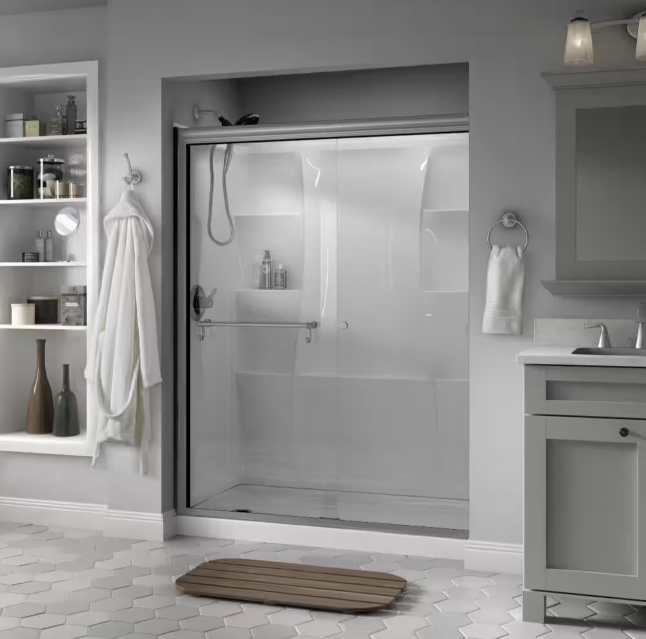 Portman 60 in. x 70 in. Semi-Frameless Traditional Sliding Shower Door in Nickel with Clear Glass