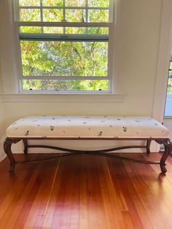 Upholstered Bench with Carved Wood Frame