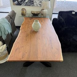 80” Solid Acacia Wood Dining Table With Steel Legs 