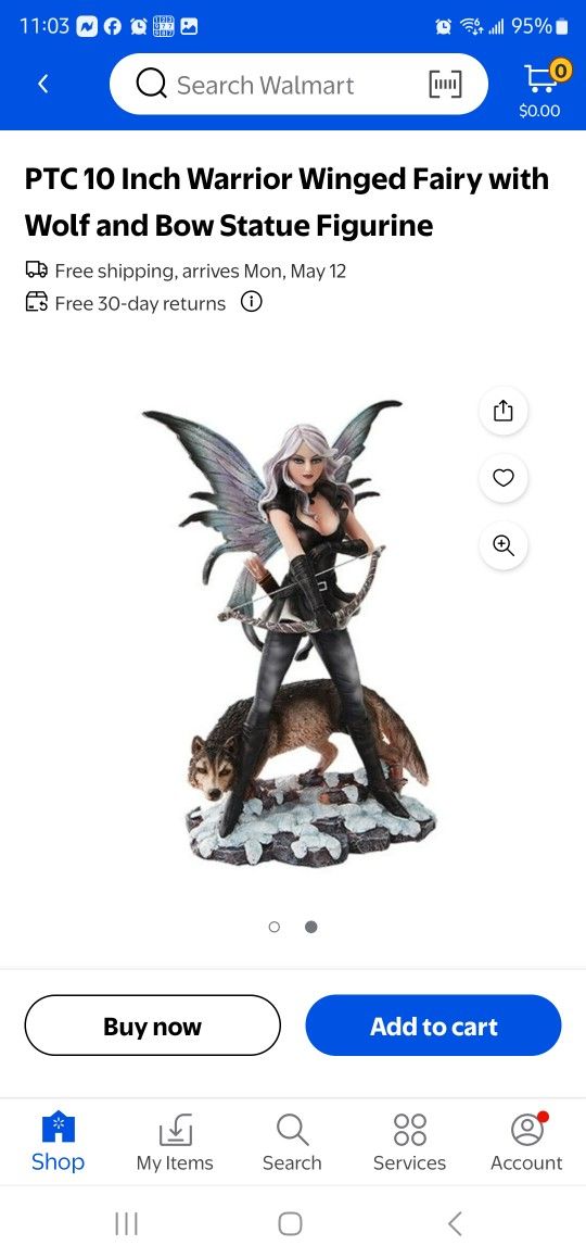 PTC 10 Inch Warrior Winged Fairy with Wolf and Bow Statue Figurine