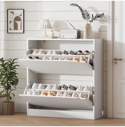 Shoe Storage Cabinet for Entryway with 2 Flip Drawers, Wood Freestanding Hidden Shoe Storage, Narrow Slim Sturdy Shoe Organizer for Front Door Entranc