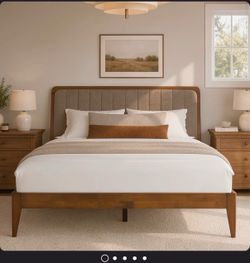 Gray upholstered queen bed $200