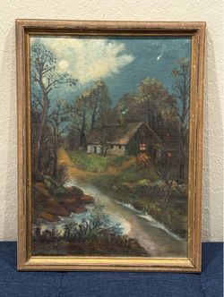 1940 Moonlit Forest Cabin Oil Painting sgd "E.R." - "Home Is Where The Heart Is"