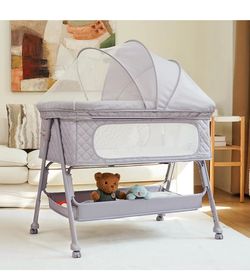 Bassinet Bedside Sleeper, Adjustable Height Baby Bassinet with Wheels, Easy Assemble & Folding Crib with Comfy Mattress, Breathable Mesh Bedside Bassi