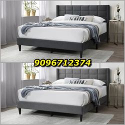 Queen Dark Grey Burlap Button Tufted Bed w. Orthopedic Mattress Included 