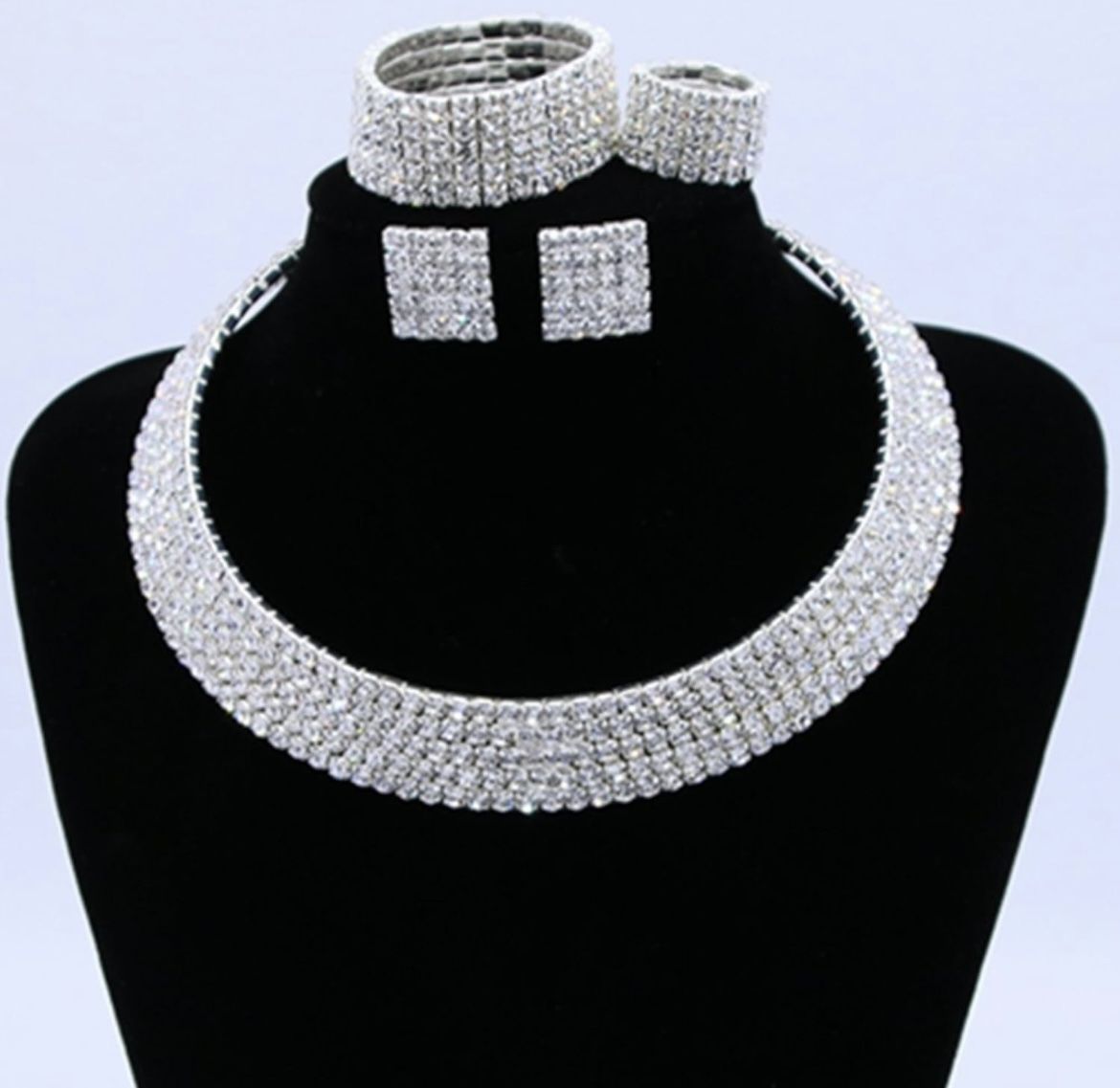 Crystal Rhinestone Choker Necklace Earrings Bracelet Ring Jewelry Set