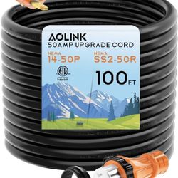 50 Amp RV/Generator Cord 100 Feet, Heavy Duty STW Wire, NEMA 14-50P to SS2-50R Twist Locking for RV Camper and Generator to House