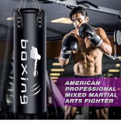 Heavy Boxing Bag for Adults & Youth, Non Tear Leather Boxing Equipment, Adjustable Wall Bracket Ceiling Hook Chain, 4ft Workout MMA 200 Pound Boxing B
