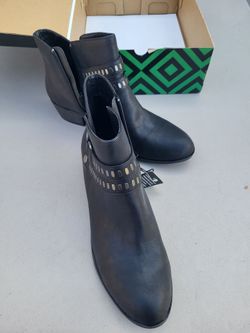 Women size 10 a.n.a. (A New Approach) women's ankle booties featuring a side zipper, a low block heel, and a studded harness strap across the ankle. N