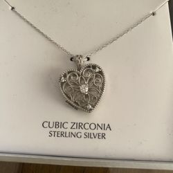 Cubic Zirconia Heart Locket Pendant Necklace in Sterling Silver