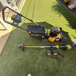 COMPLETE DEWALT 2x20V MOWER AND STRING TRIMMER PLUS 2x10AH BATTERIES
