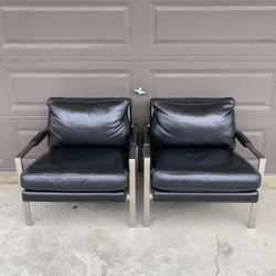 Pair Of Milo Baughman Black Leather & Chrome Lounge Chairs